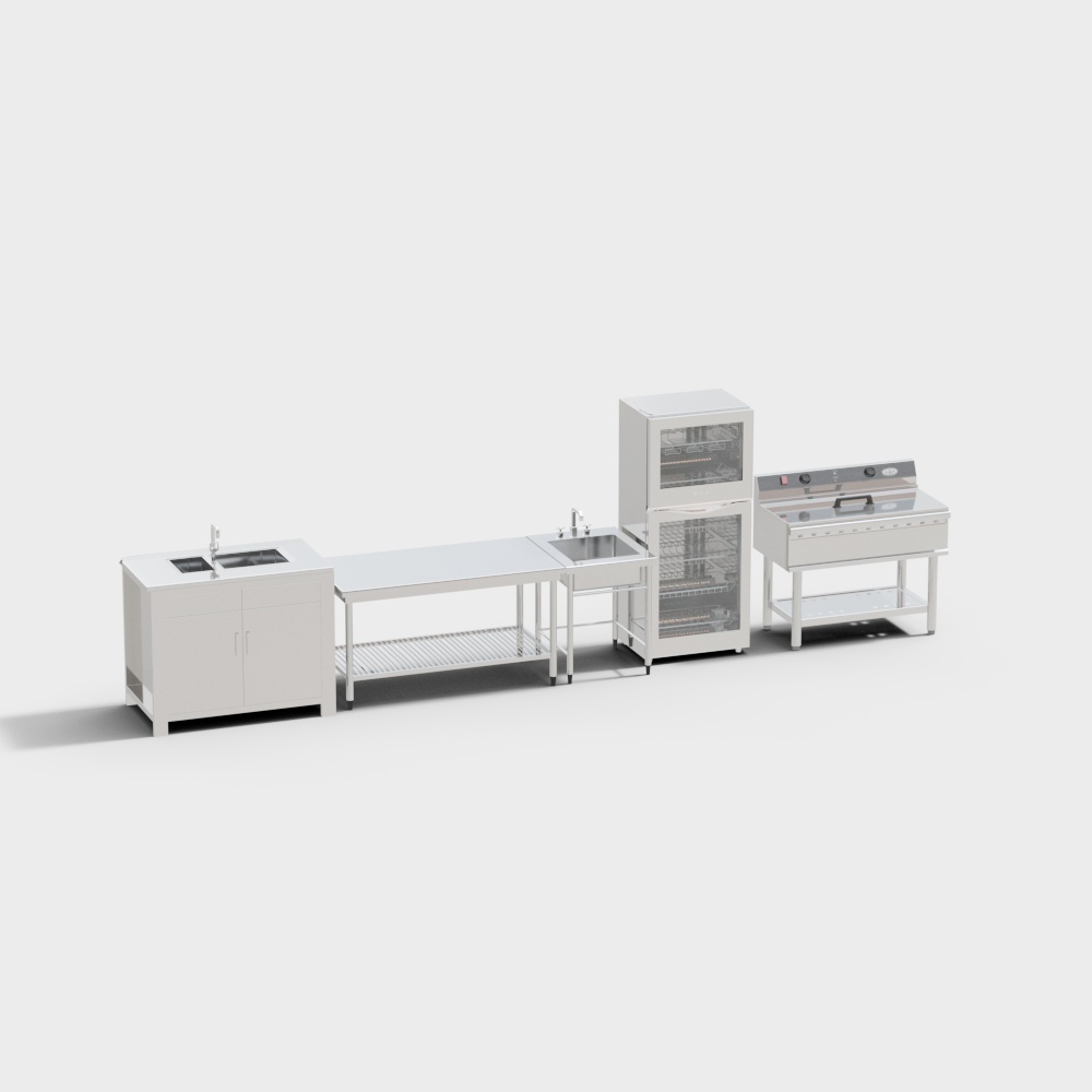 White stainless steel commercial kitchen equipment set with sink and cabinet on white background