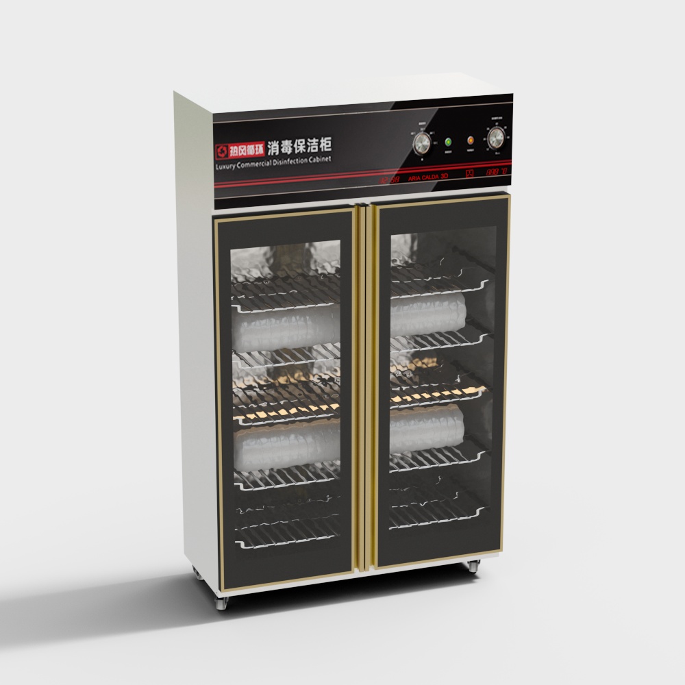 Commercial white cabinet with glass doors and gold trim on light grey background
