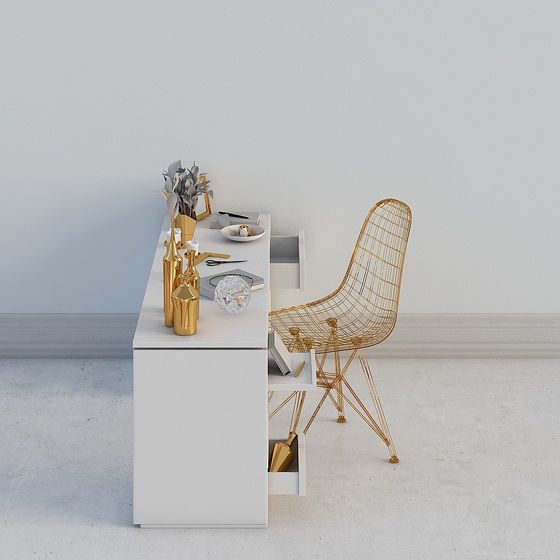 Golden Grid Chair and White Table 3D model