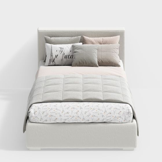 Modern Single Bed 3D Model in Gray Finish
