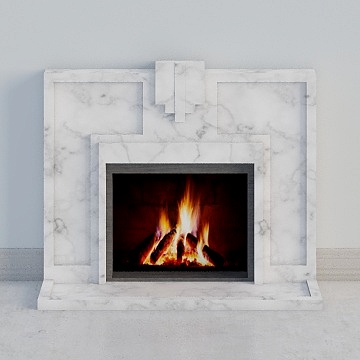 Modern white marble fireplace surround with geometric design and black frame on grey background