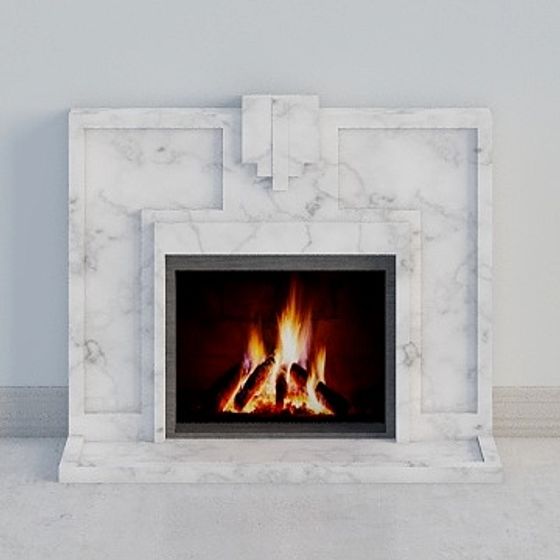 Modern white marble fireplace surround with geometric design and black frame on grey background