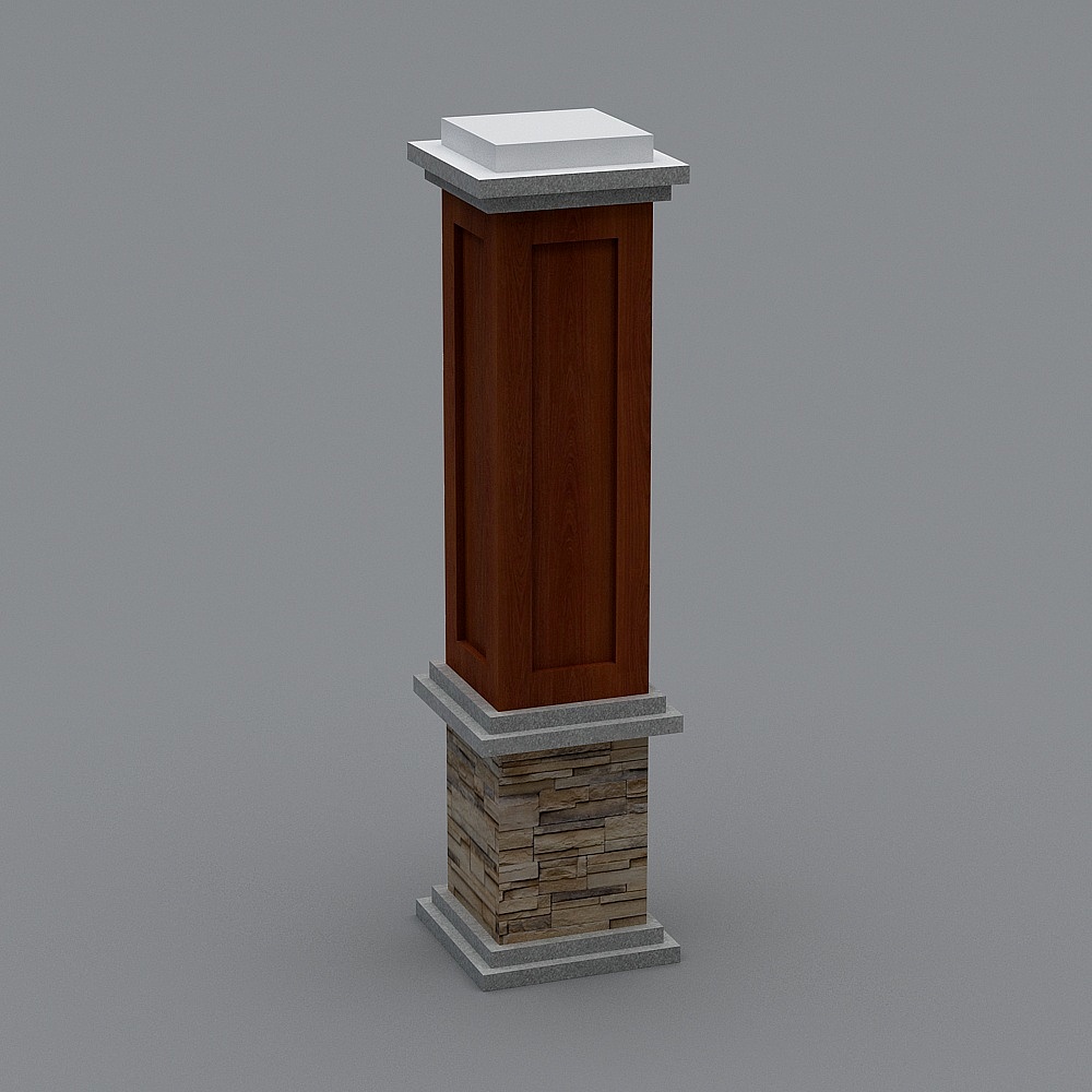Tall brown wood column with stacked stone base and grey cap on grey background