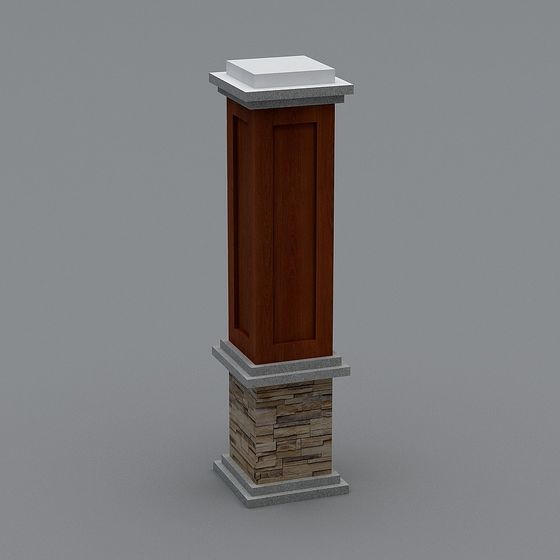 Tall brown wood column with stacked stone base and grey cap on grey background