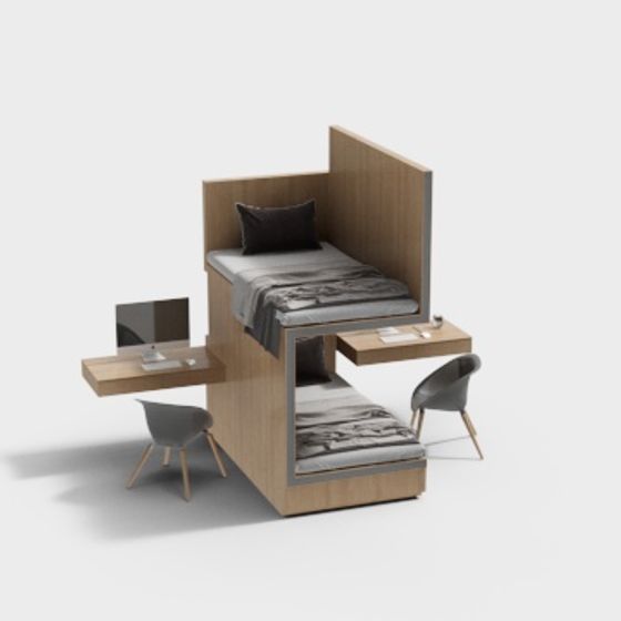 Modern Gray Dormitory Bunk Bed 3D Model