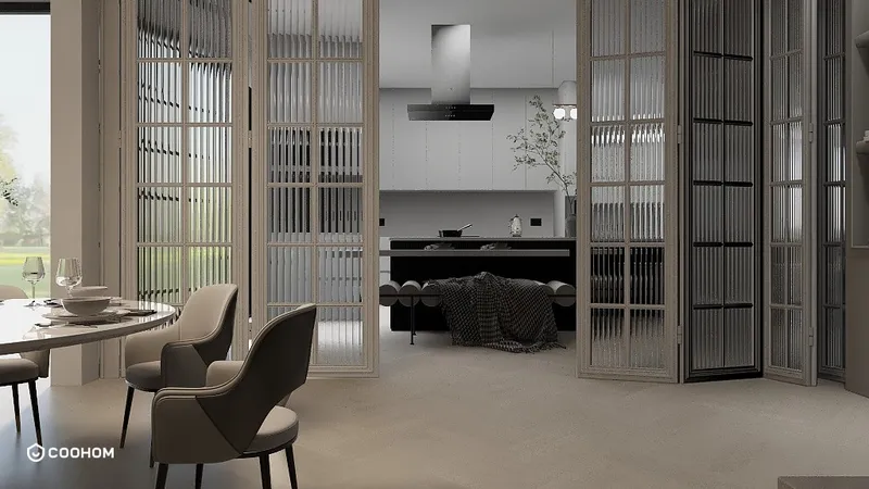 Modern dining room with round table and folding glass doors opening to a minimalist kitchen