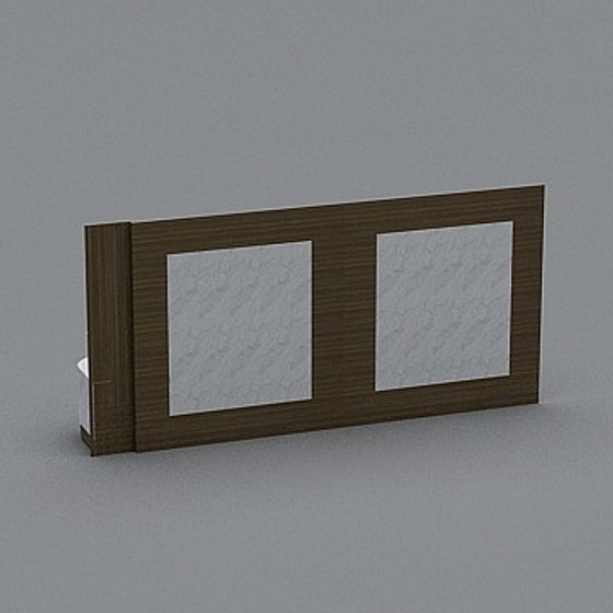 Modern dark brown wooden wall panel with two white square inserts on grey background