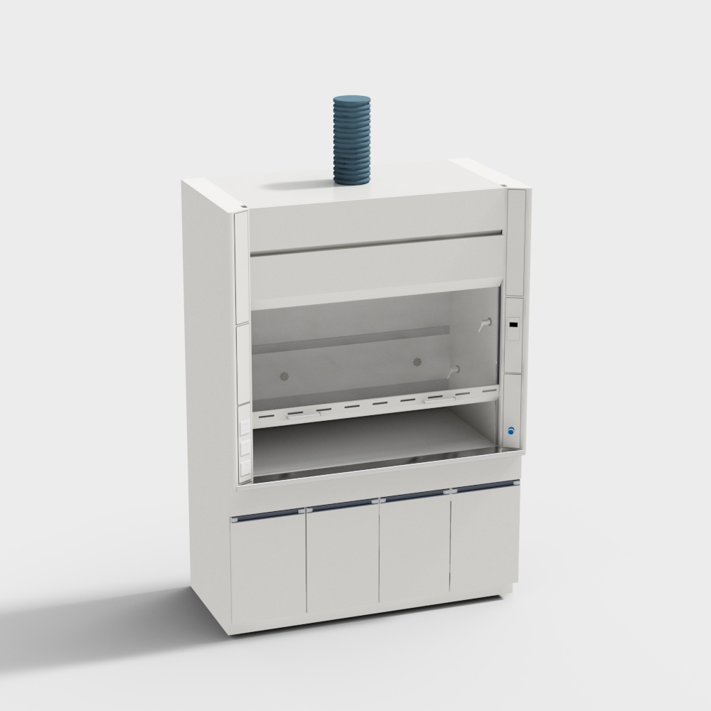 White lab cabinet with glass window and blue pipe on grey background