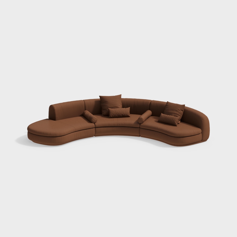 Modern curved brown fabric sectional sofa with matching cushions and rounded shape on white background