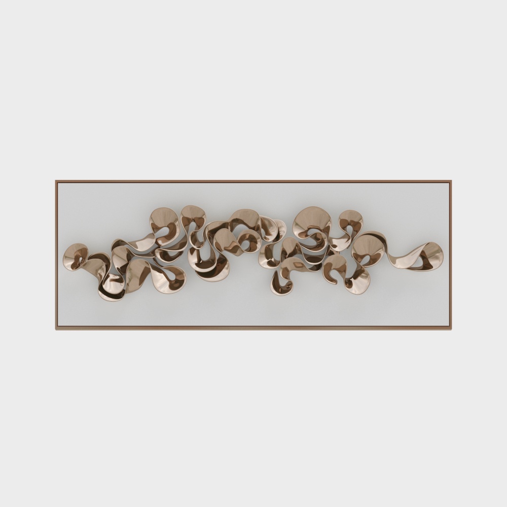 Modern wall art with abstract gold metal shapes in thin brown frame on light grey background