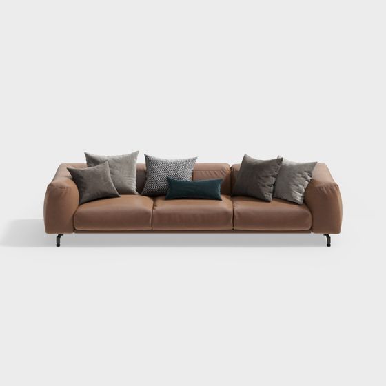 Elegant Brown Leather Sofa 3D model