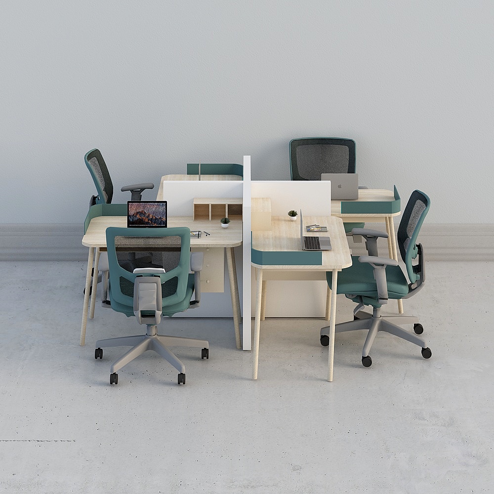 Modern office desks with teal chairs and laptops on white background