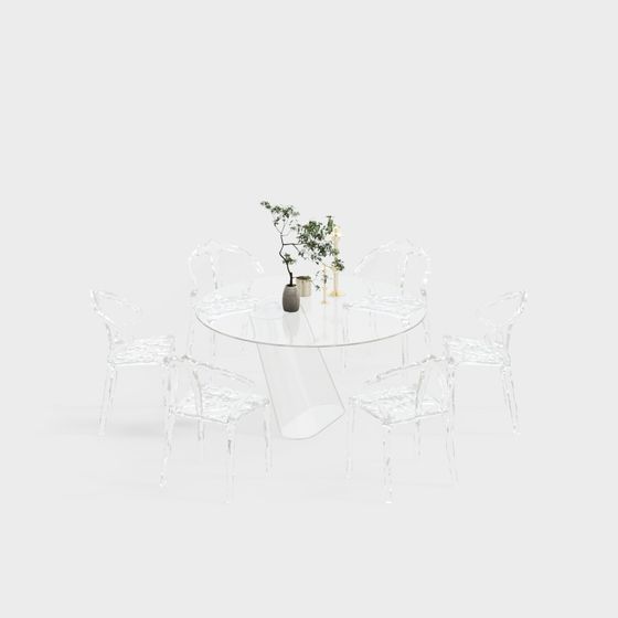Stylish Transparent Glass Dining Table and Chair Set 3D model