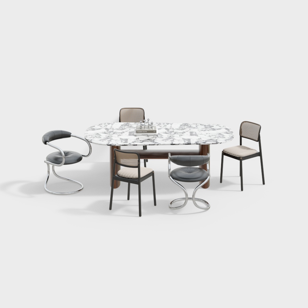 Dining Table and Chair 3D Model – Marble and Wood