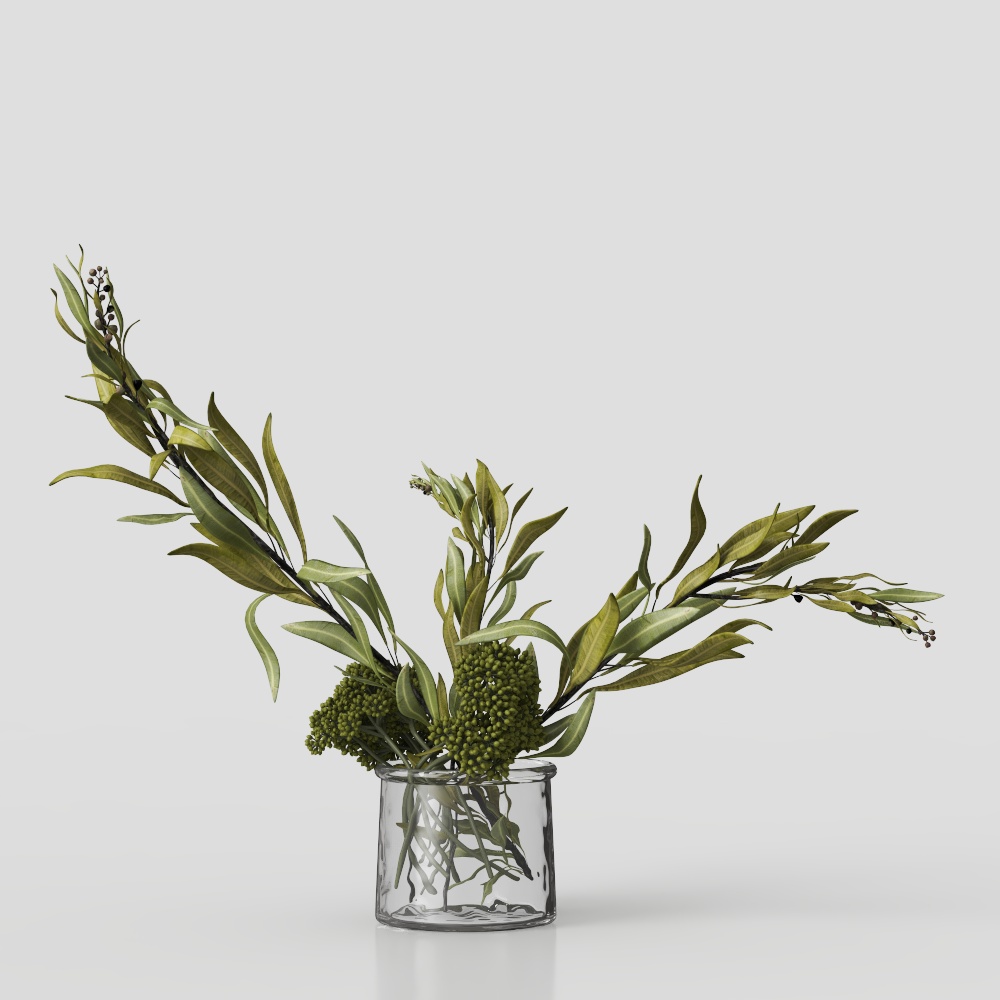Modern green leaf plant in clear glass vase with round shape on white background
