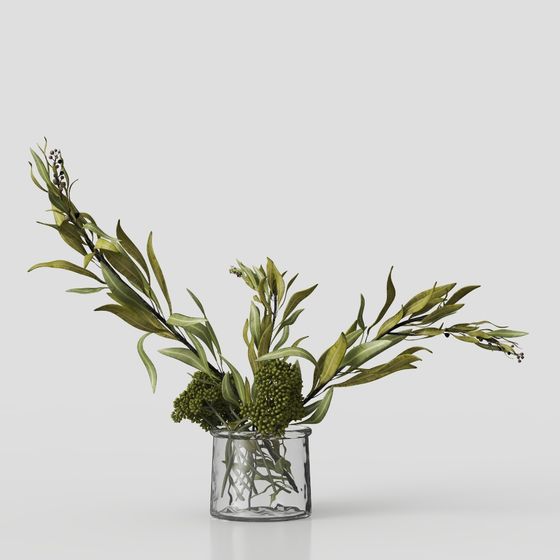 Modern green leaf plant in clear glass vase with round shape on white background