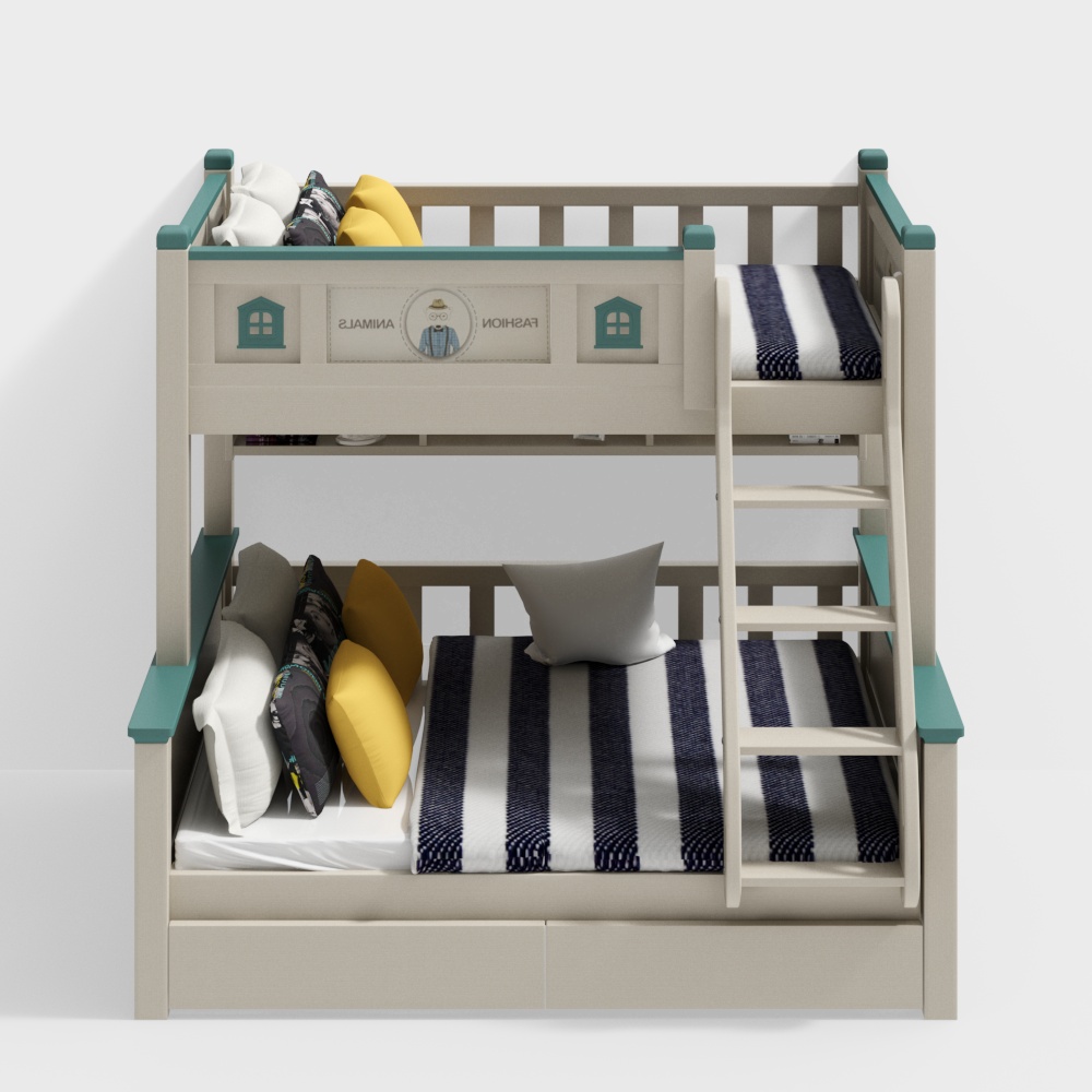 Beige wooden bunk bed with teal accents and striped bedding on white background