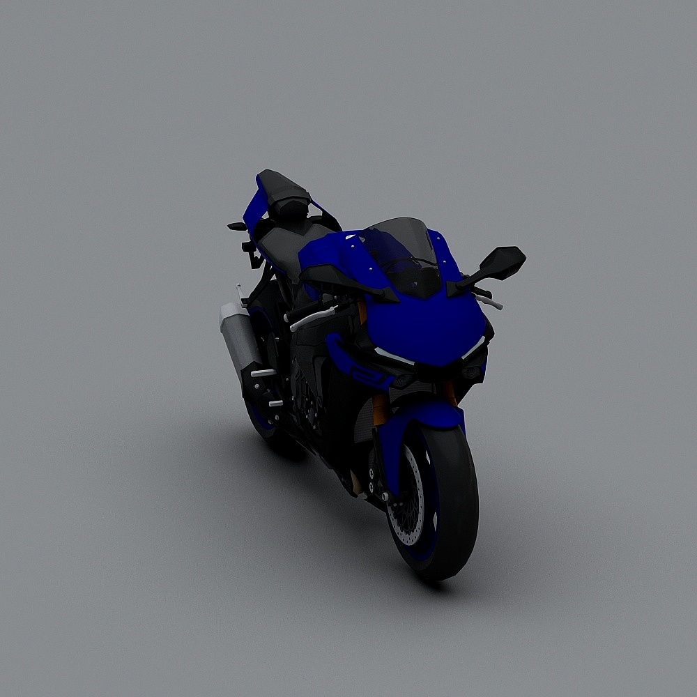 Blue and black sport motorcycle with silver exhaust pipe and clear windshield on grey background