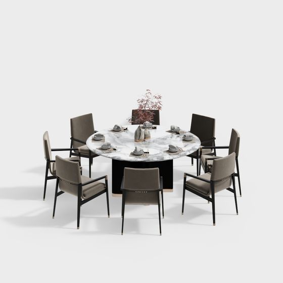 Elegant Round Table and Eight Chairs 3D model