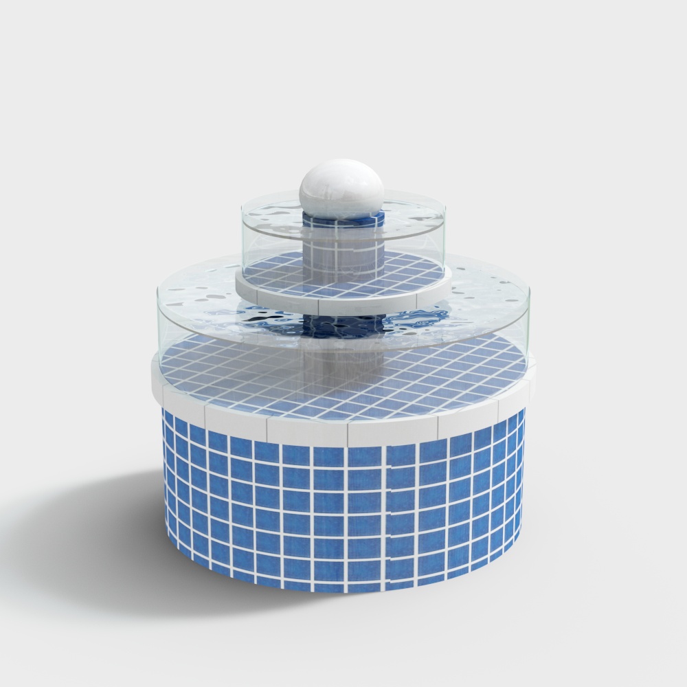 Round tiered water fountain with blue tiles and glass panels on white background