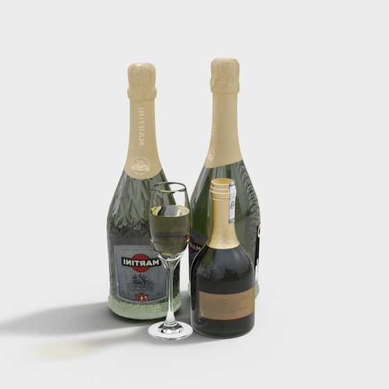 Elegant Champagne Bottle and Glass 3D model