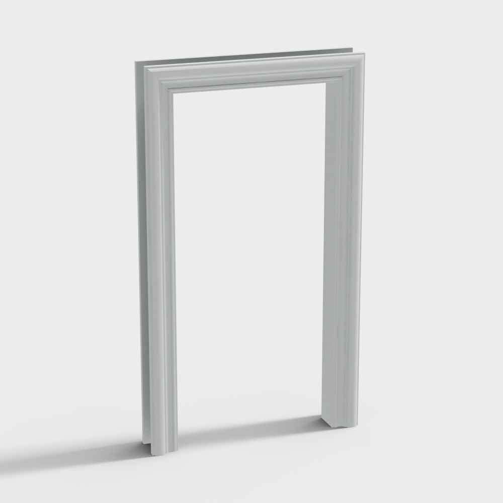Modern white interior door frame with classic molding design on light grey background