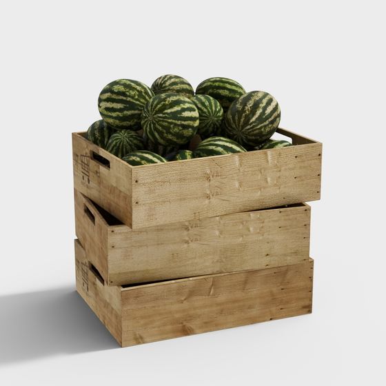 Vibrant Wooden Crate with Watermelons 3D model