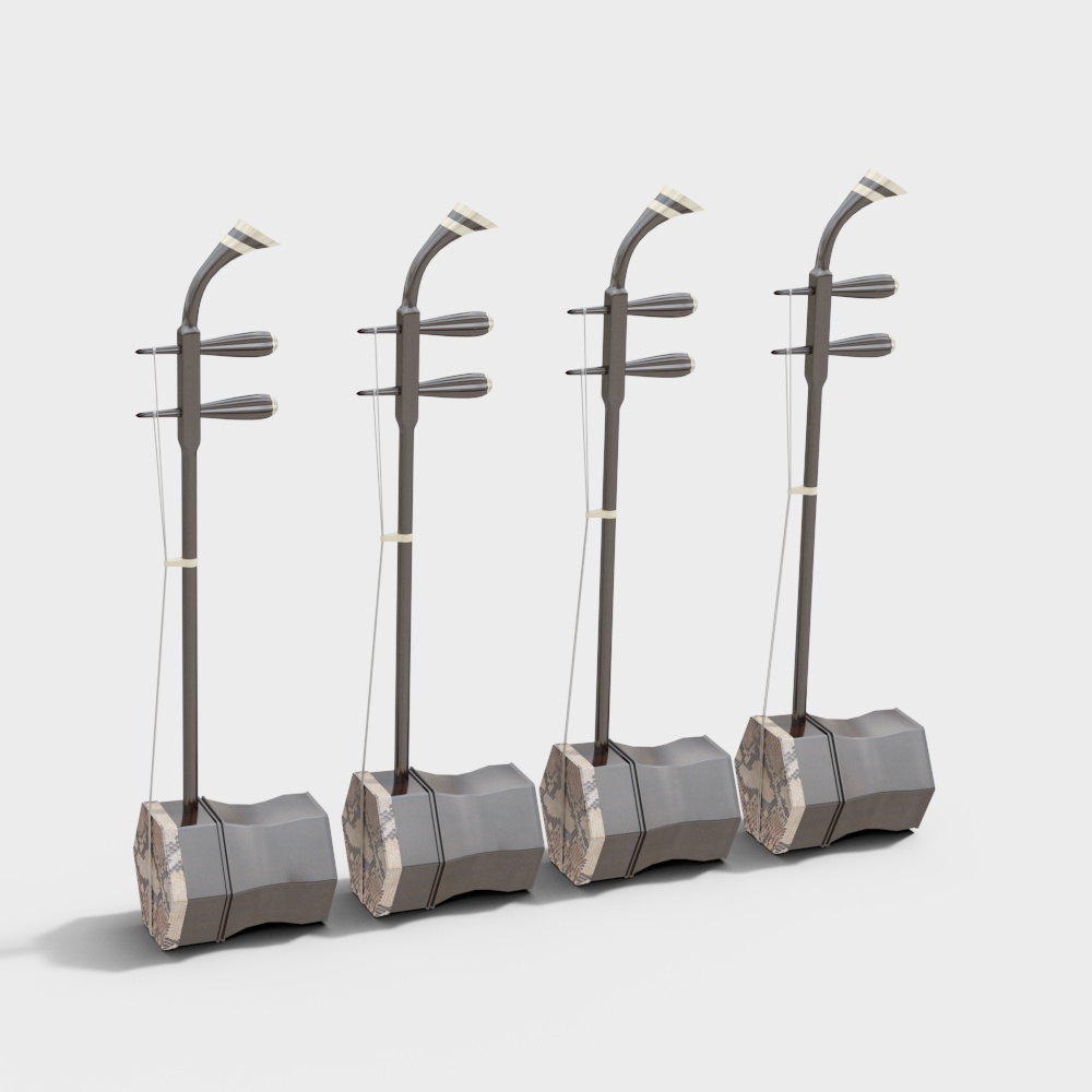 Four dark brown string instruments with snake skin texture on light grey background