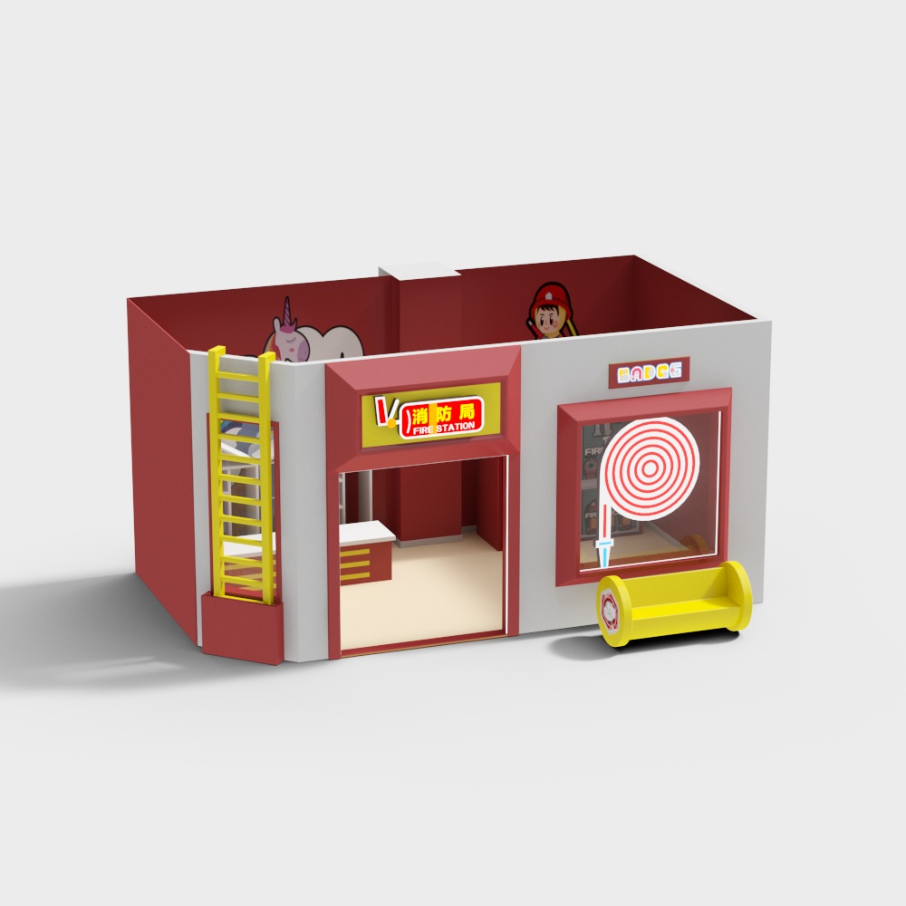 Colorful Low-Poly Fire Station 3D model for Kids