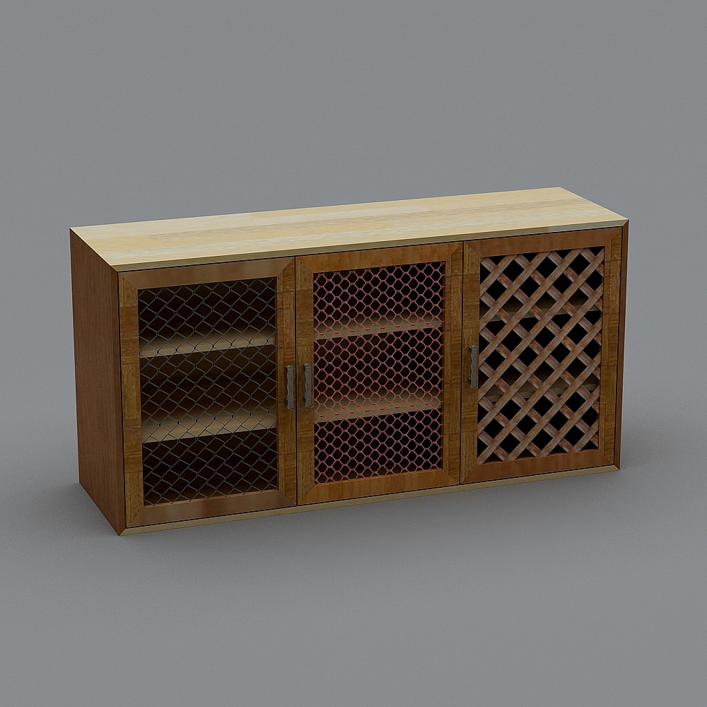 Wooden storage cabinet with three mesh doors and light top on grey background