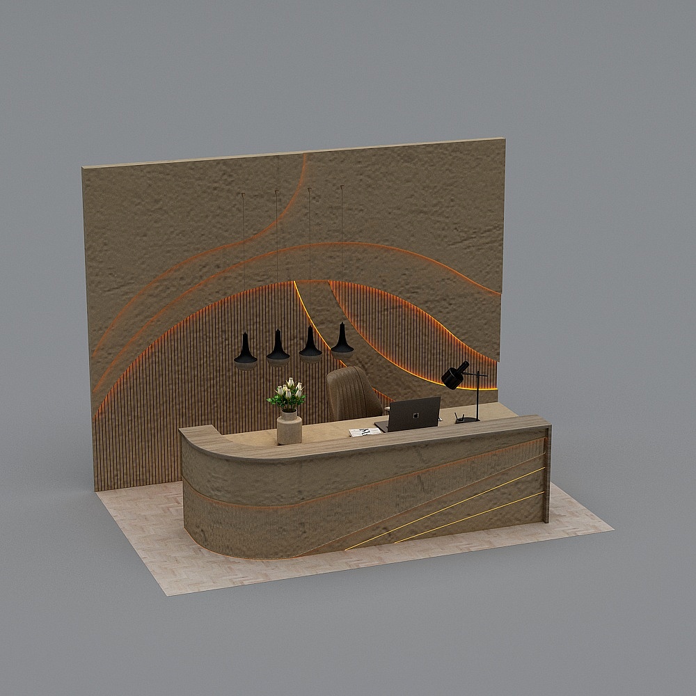 Modern curved reception desk with wood panel wall and black lights on grey background