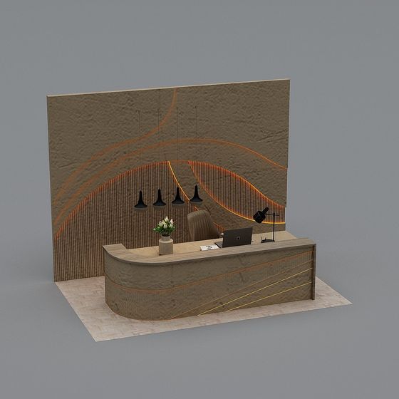 Modern curved reception desk with wood panel wall and black lights on grey background