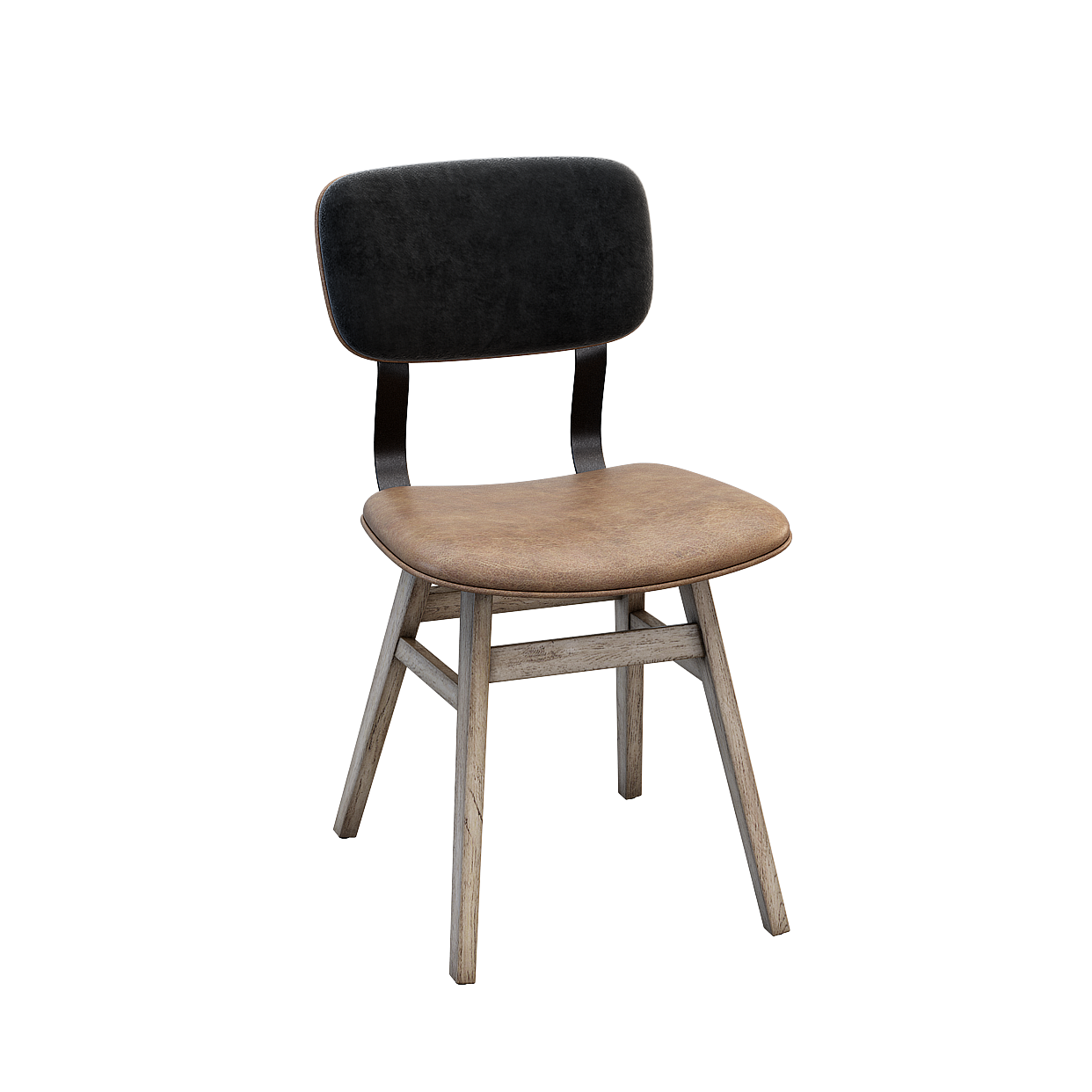 Retro Industrial Style Chair 3D Model – Wooden Frame Velvet Seat