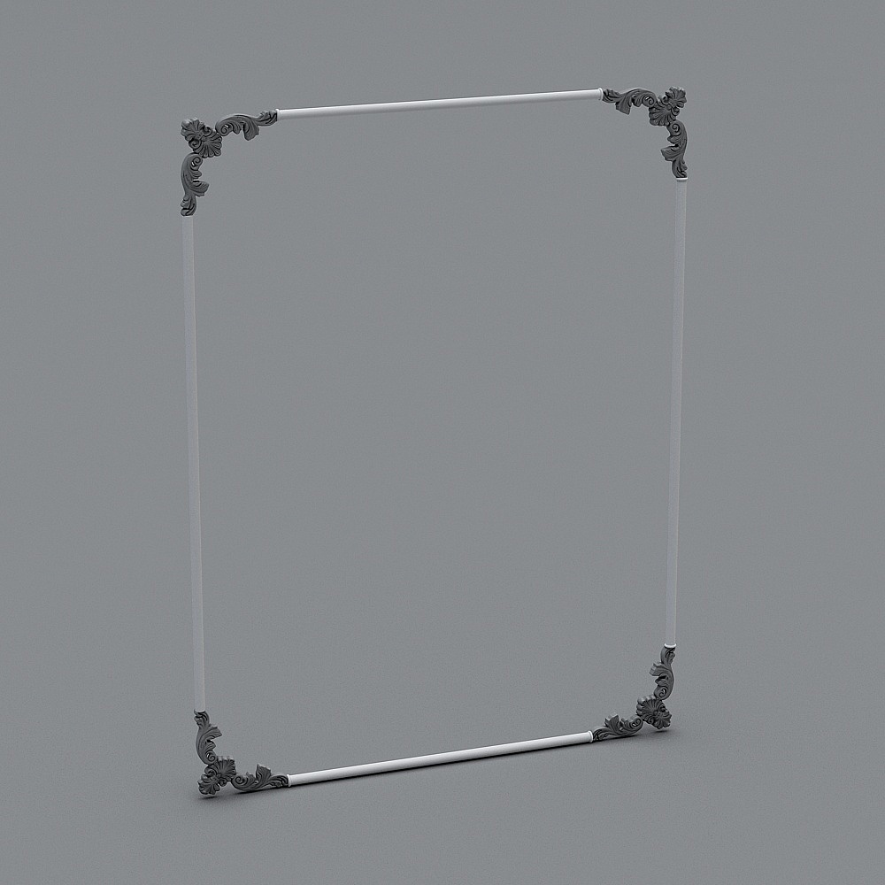Rectangular white frame with four grey decorative corner pieces on grey background