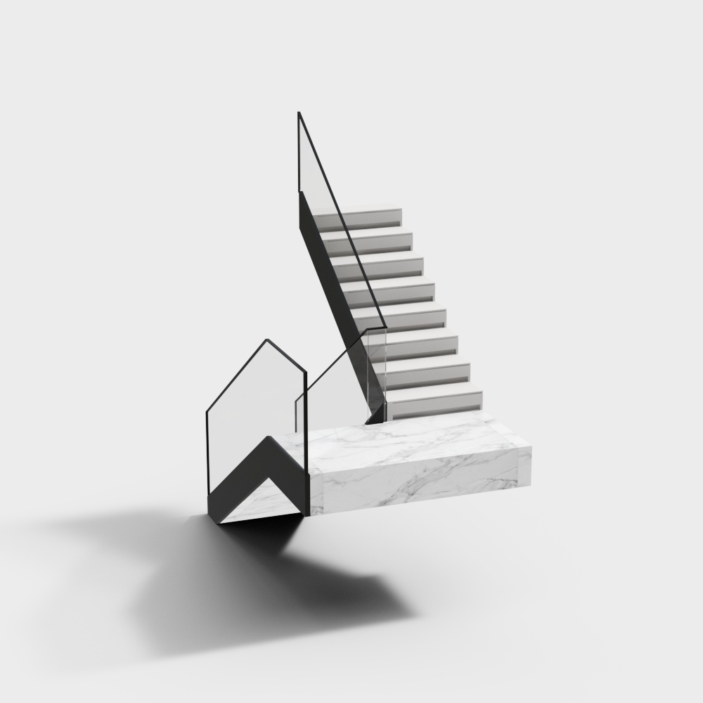 Elegant Black and White Staircase 3D Model – Marble & Glass