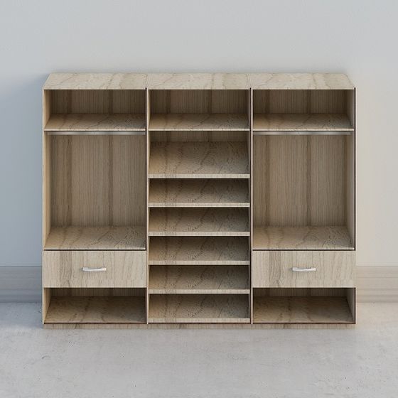 Armario abierto con estantes para zapatos y cajones