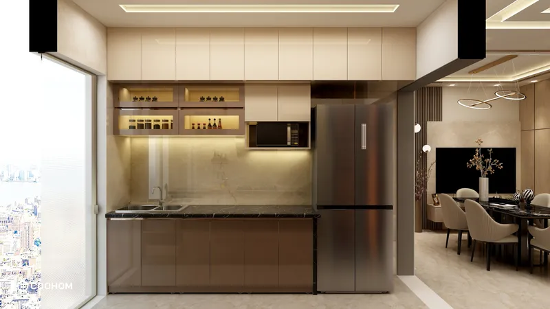 Modern kitchen with brown cabinets black marble countertop large fridge and view of dining area