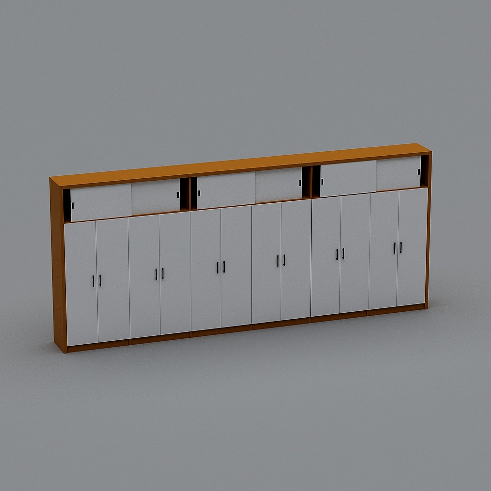 Large modern wooden cabinet with white doors and black handles on grey background