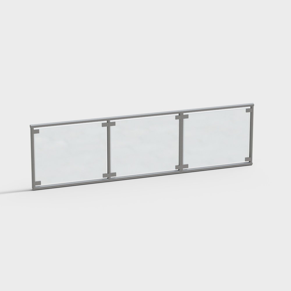 Modern grey metal glass balcony railing with three panels on white background