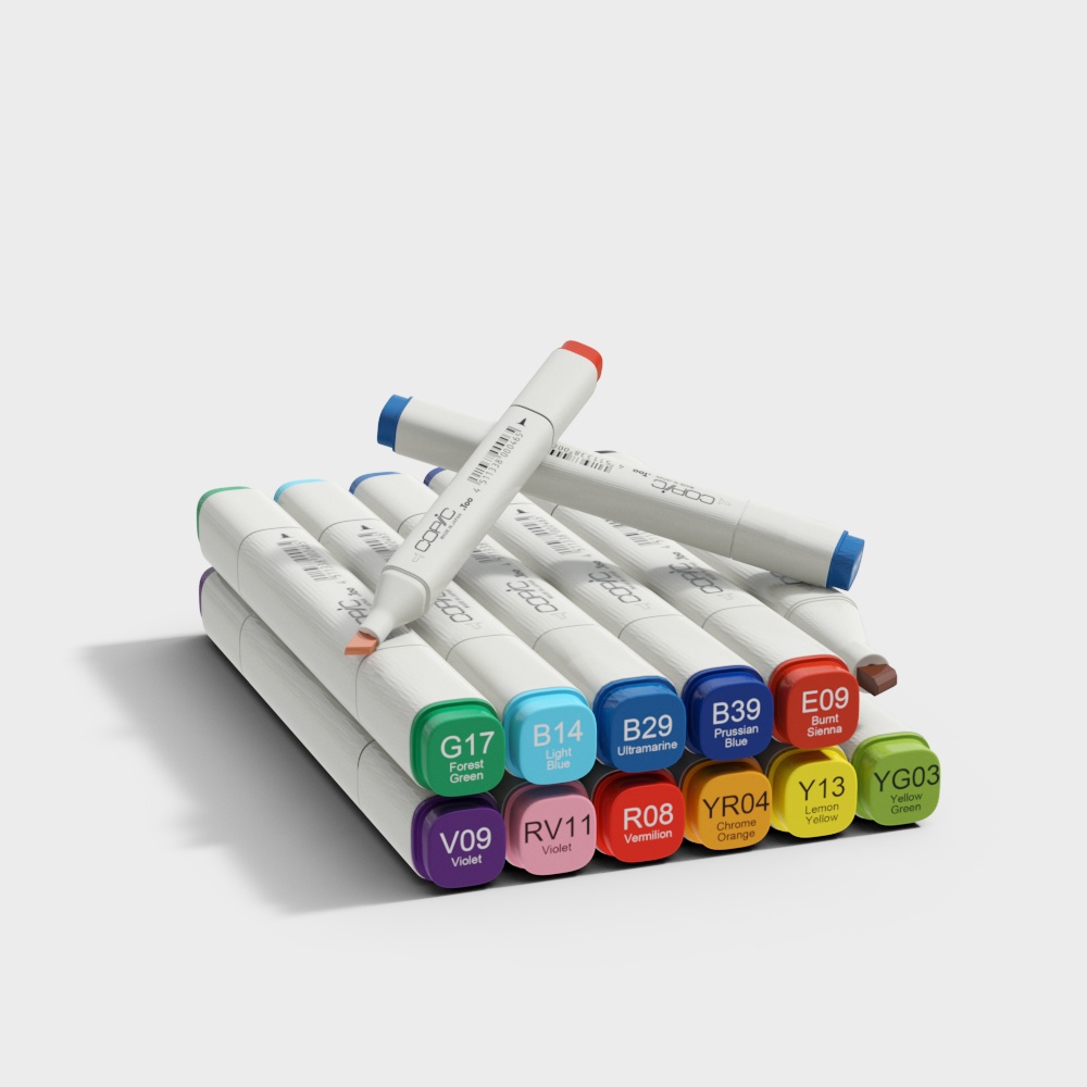 Set of twelve colorful art markers with dual tips stacked on white background