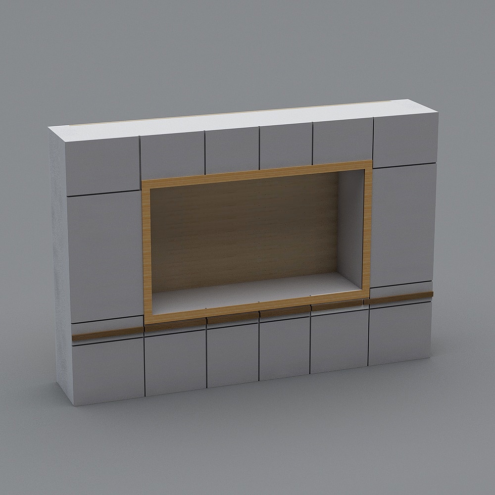 Modern white wall cabinet with light wood frame and open shelf on grey background