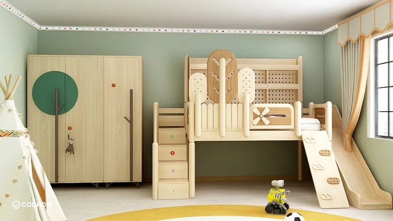 Kids bedroom with green walls wooden bunk bed including slide wooden cabinet and play tent