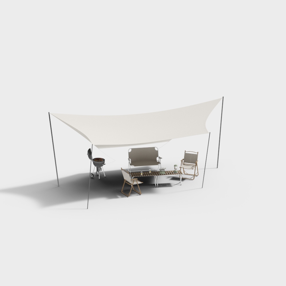 Outdoor Leisure Area 3D Model – Modern Wood and Canvas