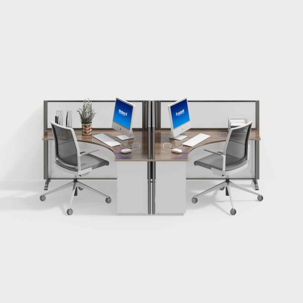 Modern two person office desk with wood top and white screen on white background