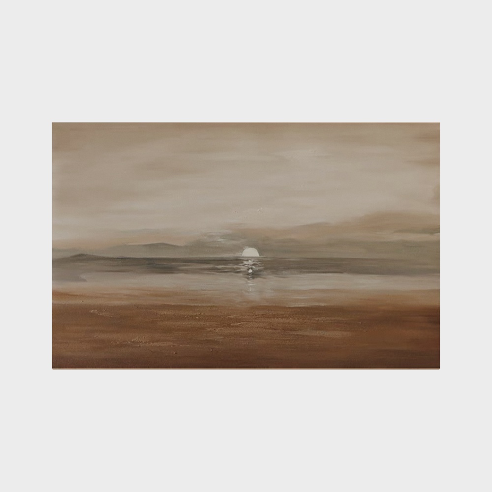 Abstract landscape painting with brown sand grey water and white sun on light grey background