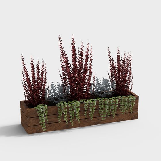 Vibrant Wooden Planter with Plants 3D model