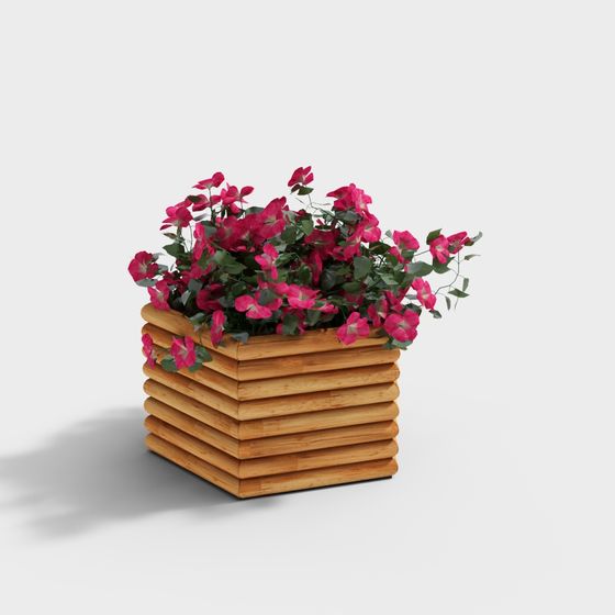 Charming Wooden Planter with Colorful Flowers 3D model