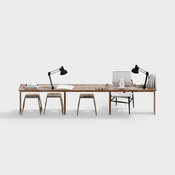 Wooden Desk and Chair Set 3D Model