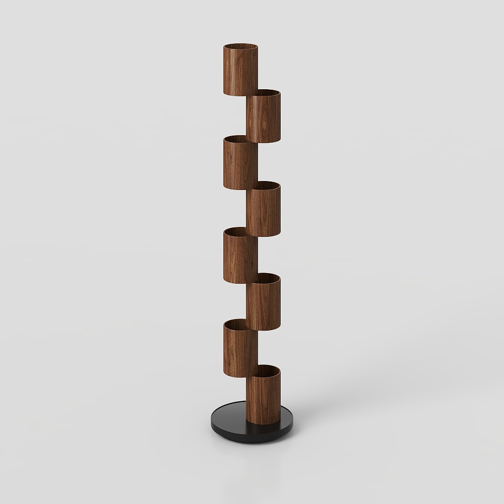 Modern Minimalist Spiral Shelf 3D Model – Dark Wood Design