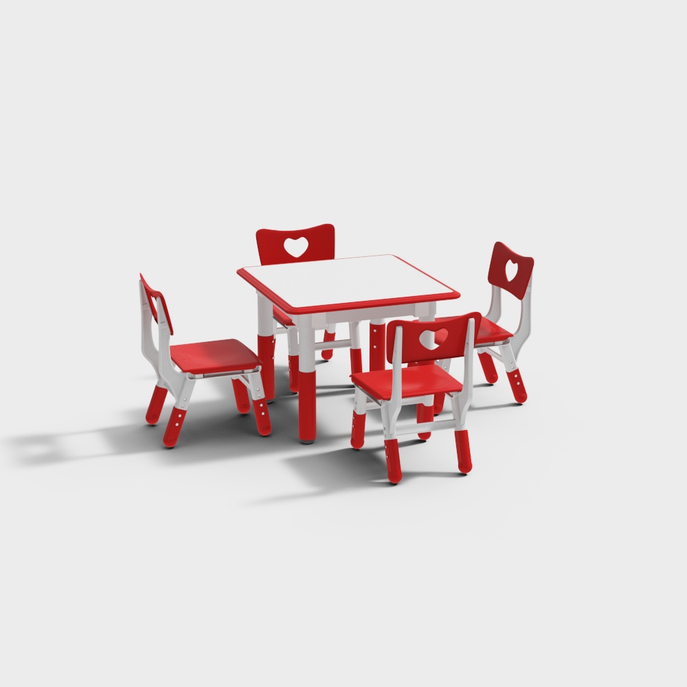 Red and white kids table set with four chairs featuring heart cutouts on grey background